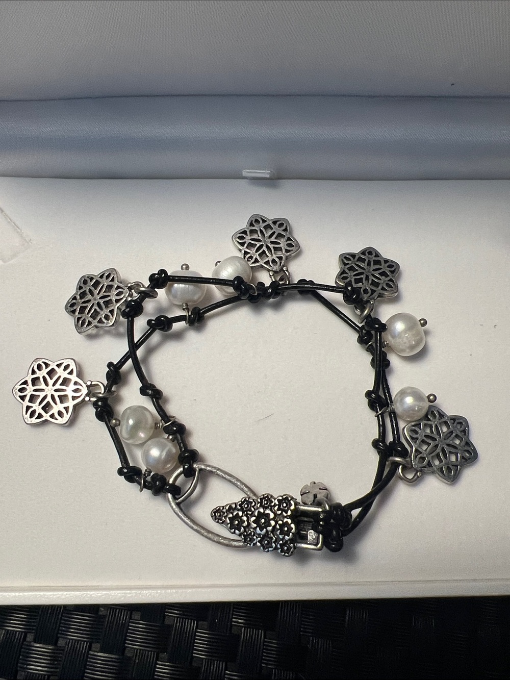 Lucky brand Silver Floral Charm & Pearl Wrap Bracelet - Black Cord clasp